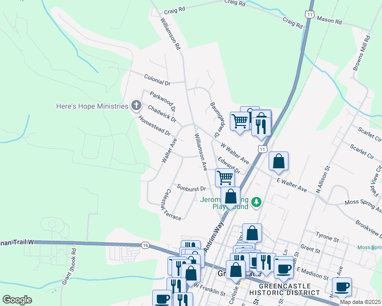 map of restaurants, bars, coffee shops, grocery stores, and more near 15 Carowinds Drive in Greencastle