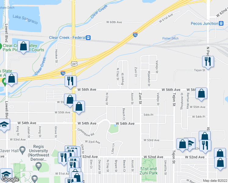 map of restaurants, bars, coffee shops, grocery stores, and more near 2600 West 56th Avenue in Denver