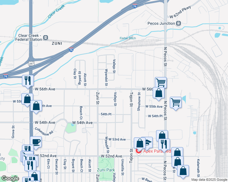 map of restaurants, bars, coffee shops, grocery stores, and more near 2200 West 56th Avenue in Denver