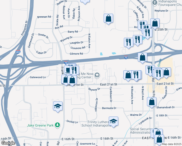 map of restaurants, bars, coffee shops, grocery stores, and more near 2170 Braeburn East Drive in Indianapolis