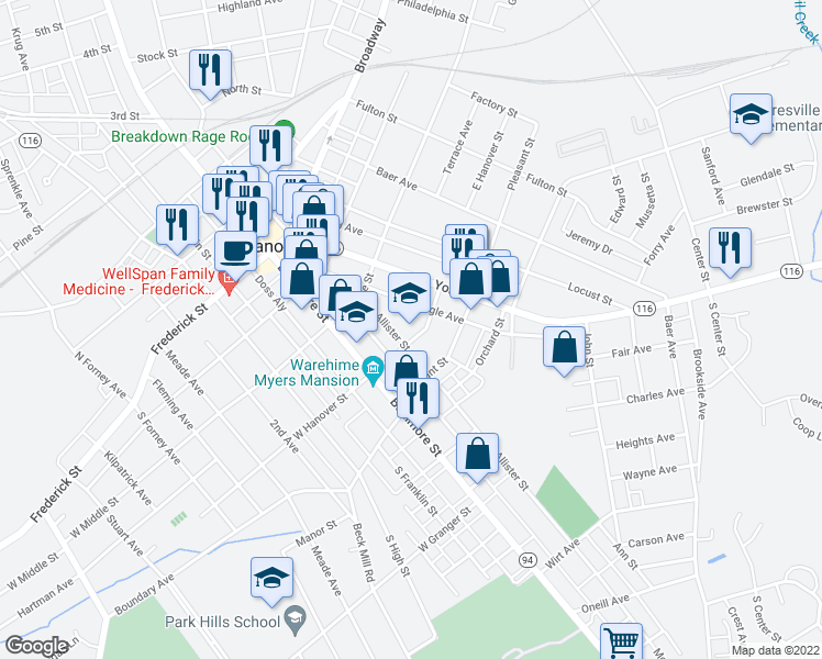 map of restaurants, bars, coffee shops, grocery stores, and more near 101 East Hanover Street in Hanover