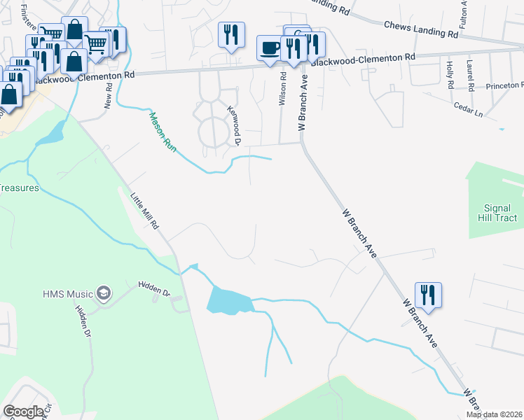 map of restaurants, bars, coffee shops, grocery stores, and more near 44 Sherri Way in Clementon