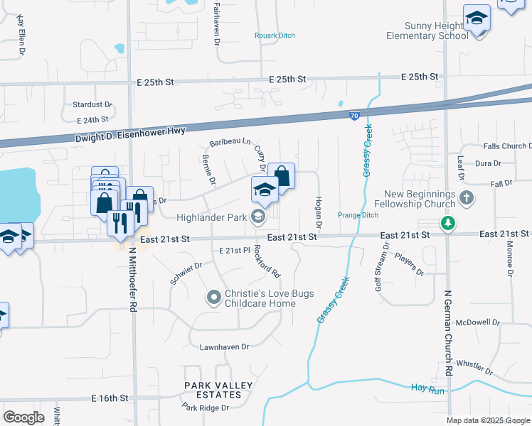 map of restaurants, bars, coffee shops, grocery stores, and more near 10502 East 21st Street in Indianapolis