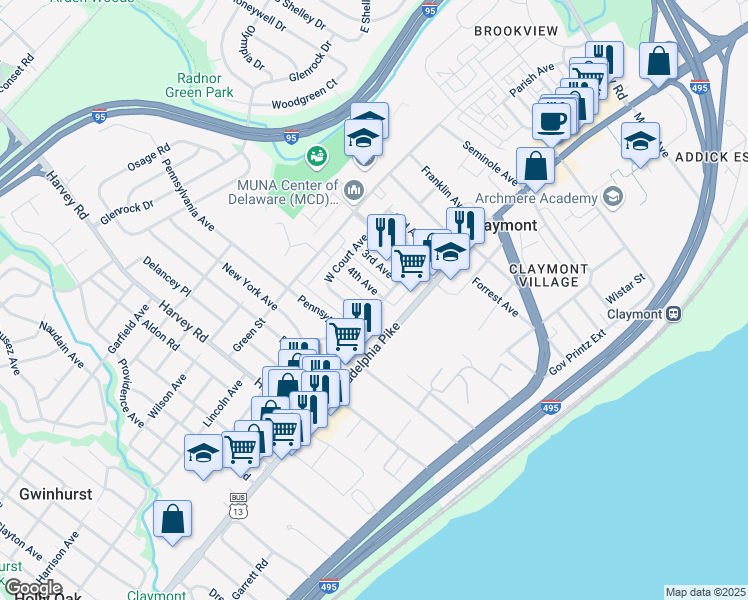 map of restaurants, bars, coffee shops, grocery stores, and more near 3005 4th Avenue in Claymont