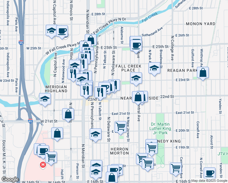 map of restaurants, bars, coffee shops, grocery stores, and more near in Indianapolis