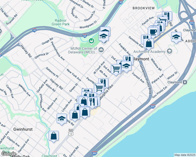 map of restaurants, bars, coffee shops, grocery stores, and more near Claymont Village Service Road in Claymont
