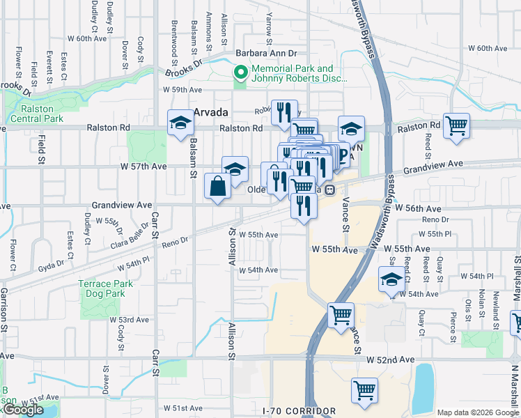 map of restaurants, bars, coffee shops, grocery stores, and more near 7804 Grandview Avenue in Arvada