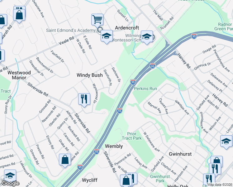 map of restaurants, bars, coffee shops, grocery stores, and more near 110 Delview Drive in Wilmington