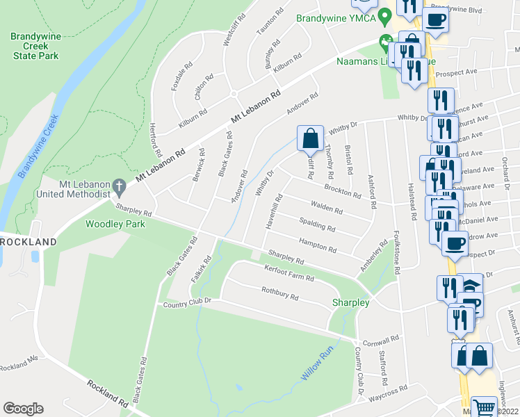 map of restaurants, bars, coffee shops, grocery stores, and more near 616 Whitby Drive in Wilmington
