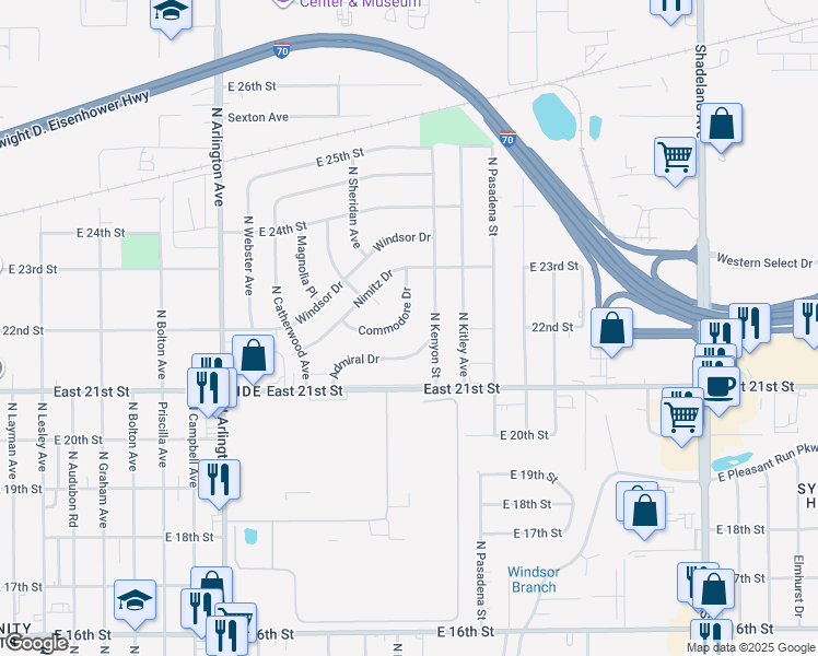 map of restaurants, bars, coffee shops, grocery stores, and more near 2258 Admiral Drive in Indianapolis