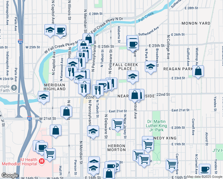 map of restaurants, bars, coffee shops, grocery stores, and more near in Indianapolis