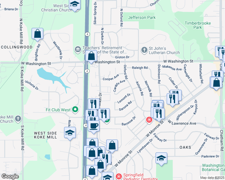 map of restaurants, bars, coffee shops, grocery stores, and more near 2637 Cardifs Avenue in Springfield