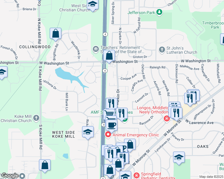 map of restaurants, bars, coffee shops, grocery stores, and more near 255 South Durkin Drive in Springfield
