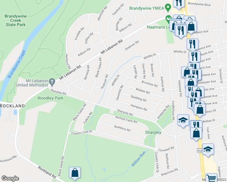 map of restaurants, bars, coffee shops, grocery stores, and more near 616 Whitby Drive in Wilmington