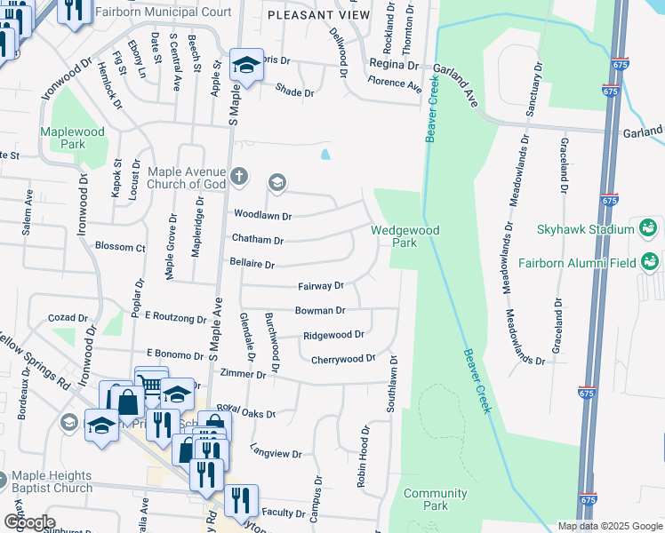 map of restaurants, bars, coffee shops, grocery stores, and more near 354 Bellaire Drive in Fairborn