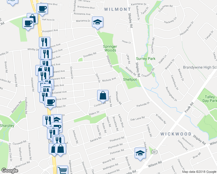 map of restaurants, bars, coffee shops, grocery stores, and more near 2606 Turner Road in Wilmington