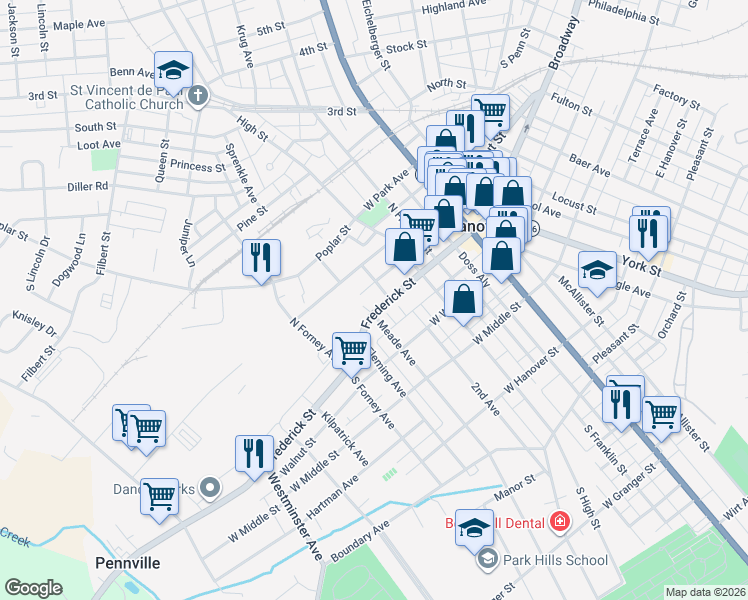 map of restaurants, bars, coffee shops, grocery stores, and more near 251 Frederick Street in Hanover