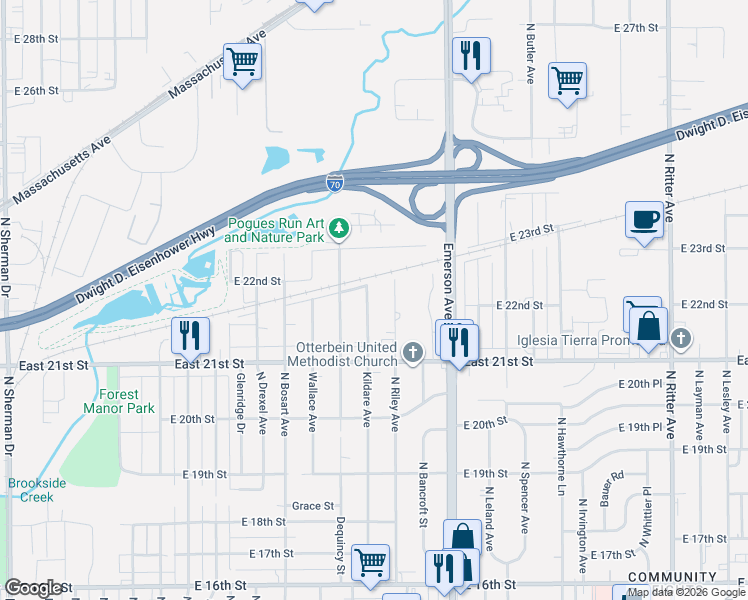 map of restaurants, bars, coffee shops, grocery stores, and more near 2165 Kildare Avenue in Indianapolis