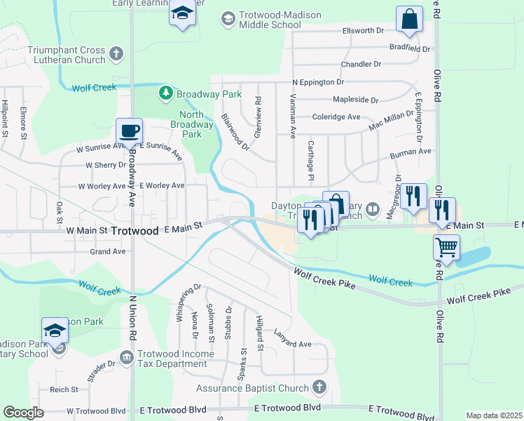 map of restaurants, bars, coffee shops, grocery stores, and more near 501 East Main Street in Trotwood