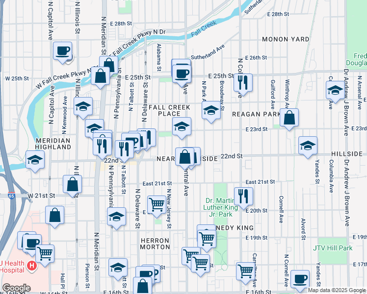 map of restaurants, bars, coffee shops, grocery stores, and more near in Indianapolis