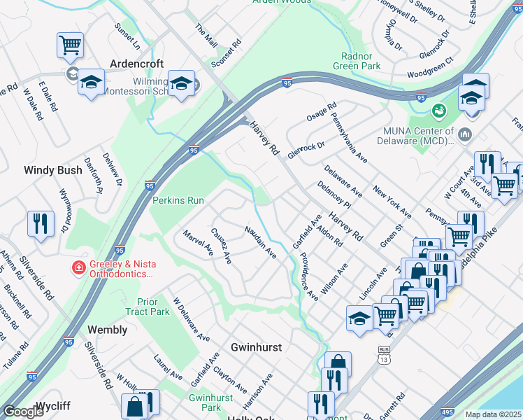 map of restaurants, bars, coffee shops, grocery stores, and more near 1006 Parkside Boulevard in Claymont