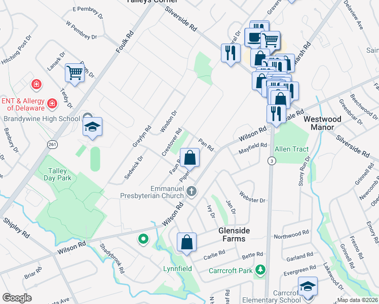 map of restaurants, bars, coffee shops, grocery stores, and more near 1109 Faun Road in Wilmington