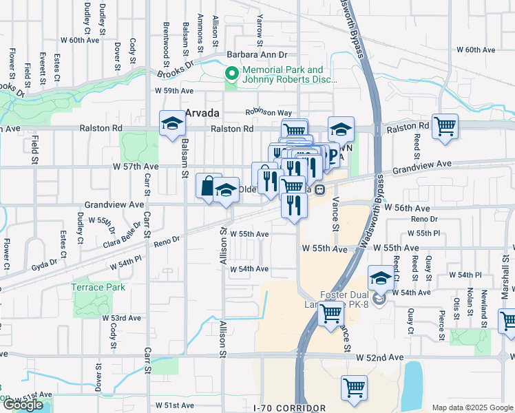 map of restaurants, bars, coffee shops, grocery stores, and more near 7804 Grandview Avenue in Arvada