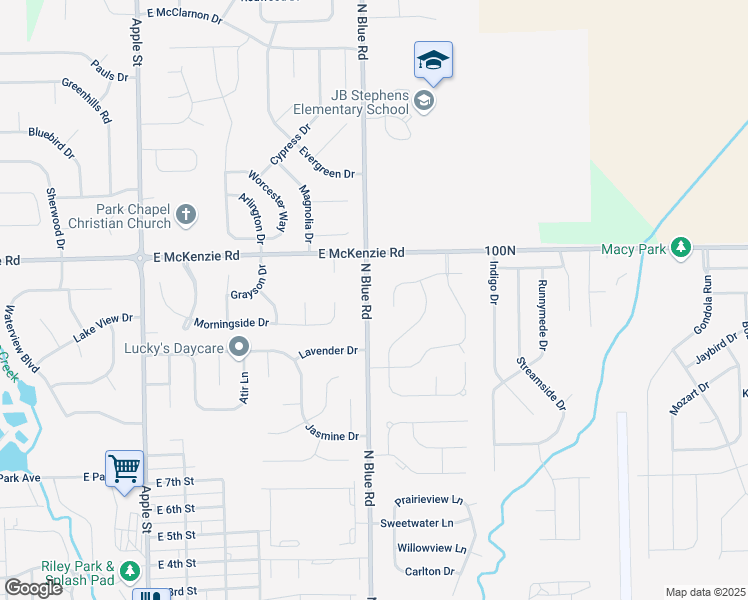 map of restaurants, bars, coffee shops, grocery stores, and more near 1087 N Blue Rd in Greenfield