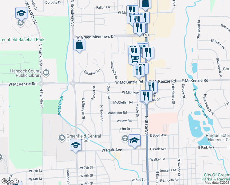 map of restaurants, bars, coffee shops, grocery stores, and more near 137 West Michigan Street in Greenfield
