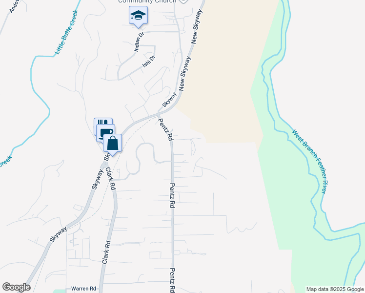 map of restaurants, bars, coffee shops, grocery stores, and more near 7278 Pentz Road in Paradise