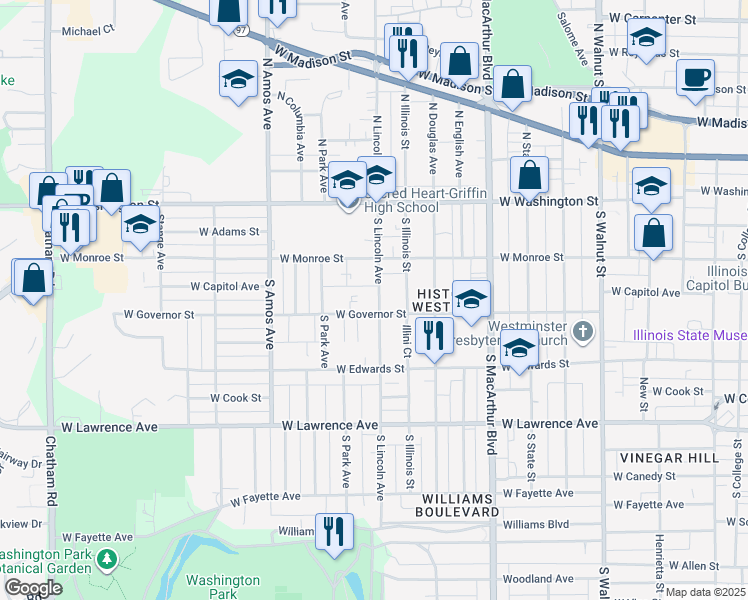 map of restaurants, bars, coffee shops, grocery stores, and more near 417 South Lincoln Avenue in Springfield