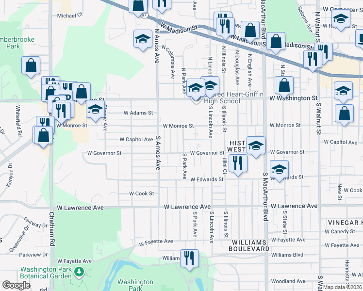 map of restaurants, bars, coffee shops, grocery stores, and more near 417 South Park Avenue in Springfield