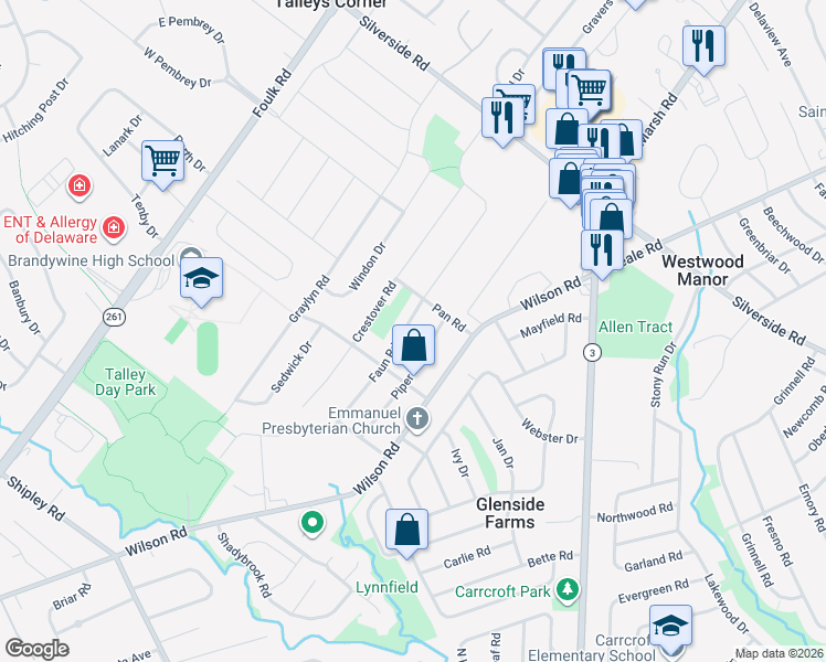 map of restaurants, bars, coffee shops, grocery stores, and more near 1109 Faun Road in Wilmington