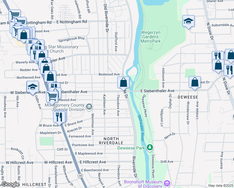 map of restaurants, bars, coffee shops, grocery stores, and more near 345 Ashwood Avenue in Dayton