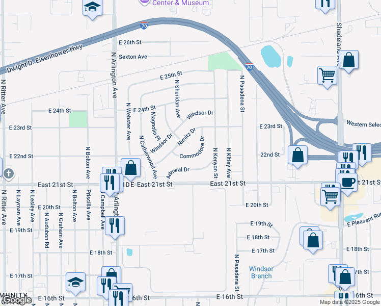 map of restaurants, bars, coffee shops, grocery stores, and more near 6191 Commodore Drive in Indianapolis