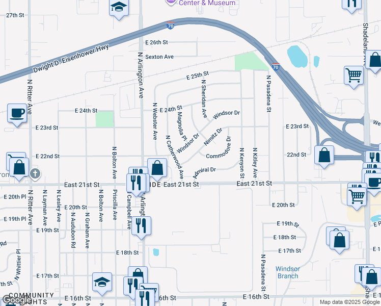 map of restaurants, bars, coffee shops, grocery stores, and more near 6112 Nimitz Drive in Indianapolis