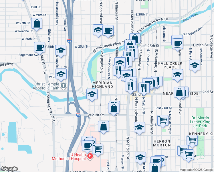 map of restaurants, bars, coffee shops, grocery stores, and more near 2225 North Kenwood Avenue in Indianapolis