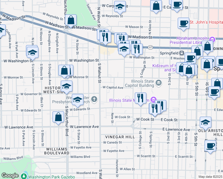 map of restaurants, bars, coffee shops, grocery stores, and more near 401-599 New Street in Springfield
