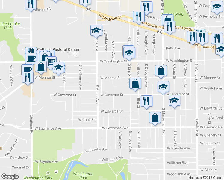 map of restaurants, bars, coffee shops, grocery stores, and more near 1399 West Governor Street in Springfield