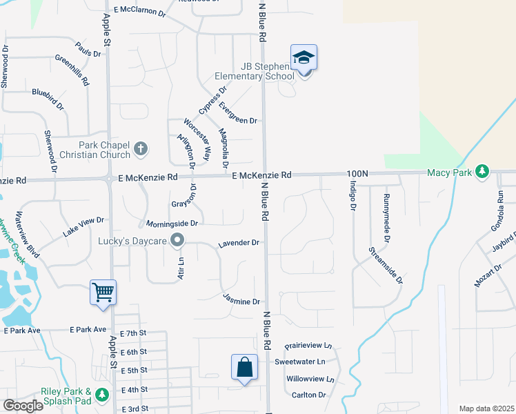 map of restaurants, bars, coffee shops, grocery stores, and more near 1087 North Blue Road in Greenfield
