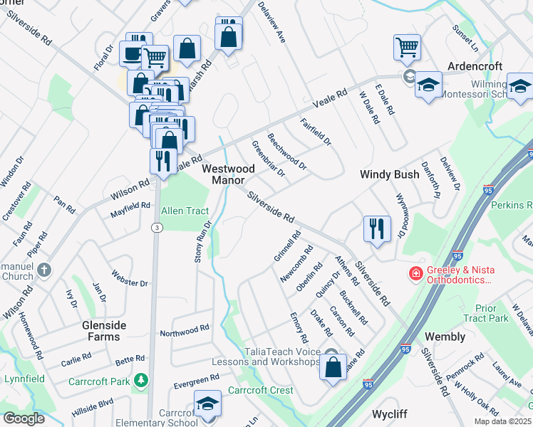 map of restaurants, bars, coffee shops, grocery stores, and more near 1818 Silverside Road in Wilmington