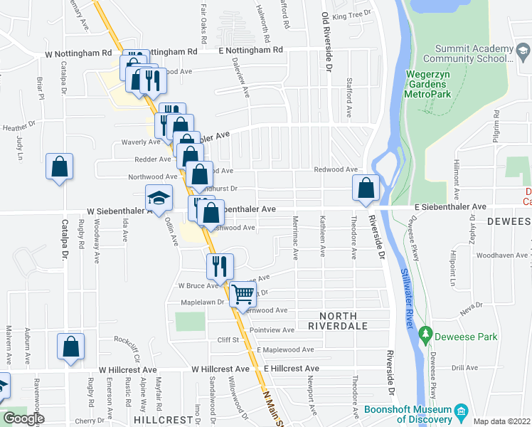 map of restaurants, bars, coffee shops, grocery stores, and more near 212 East Siebenthaler Avenue in Dayton