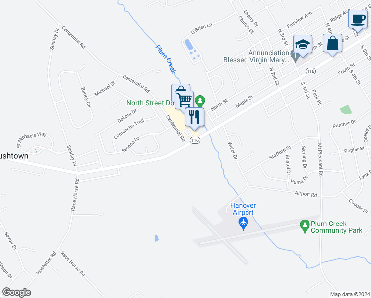 map of restaurants, bars, coffee shops, grocery stores, and more near 5955 Hanover Road in Hanover