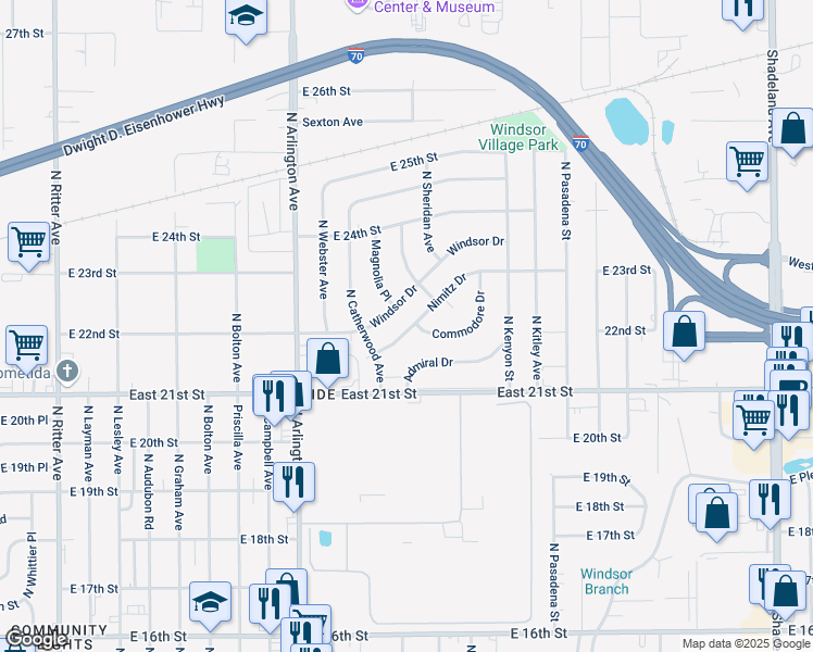 map of restaurants, bars, coffee shops, grocery stores, and more near 6147 Commodore Drive in Indianapolis