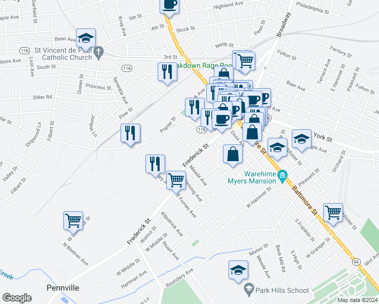 map of restaurants, bars, coffee shops, grocery stores, and more near 247 Frederick Street in Hanover