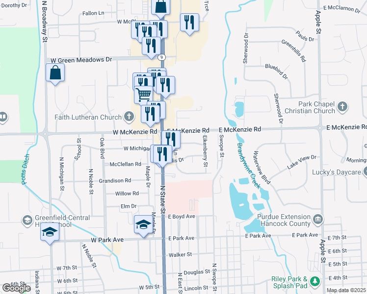 map of restaurants, bars, coffee shops, grocery stores, and more near 1105 Allen Lane in Greenfield