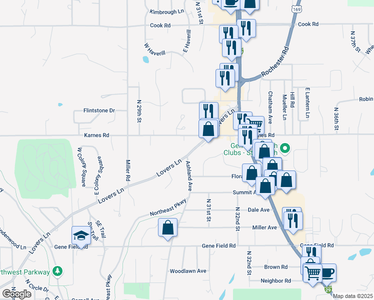 map of restaurants, bars, coffee shops, grocery stores, and more near 3015 Lovers Lane in Saint Joseph