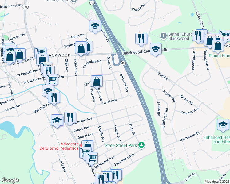 map of restaurants, bars, coffee shops, grocery stores, and more near 127 Jerome Avenue in Gloucester Township