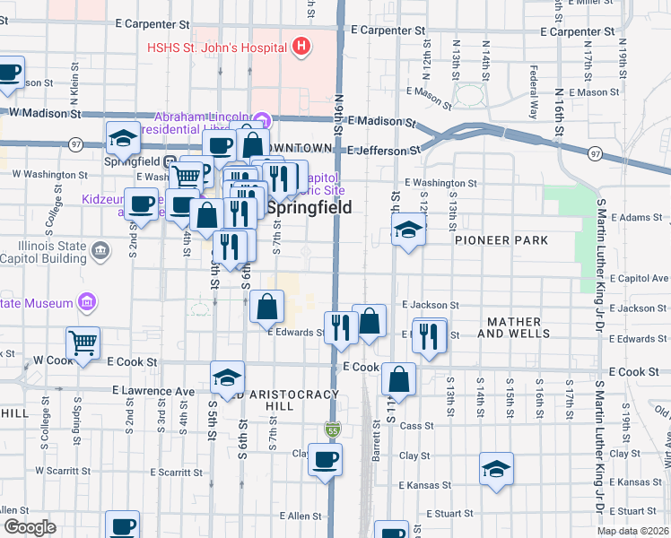 map of restaurants, bars, coffee shops, grocery stores, and more near 400 South 9th Street in Springfield