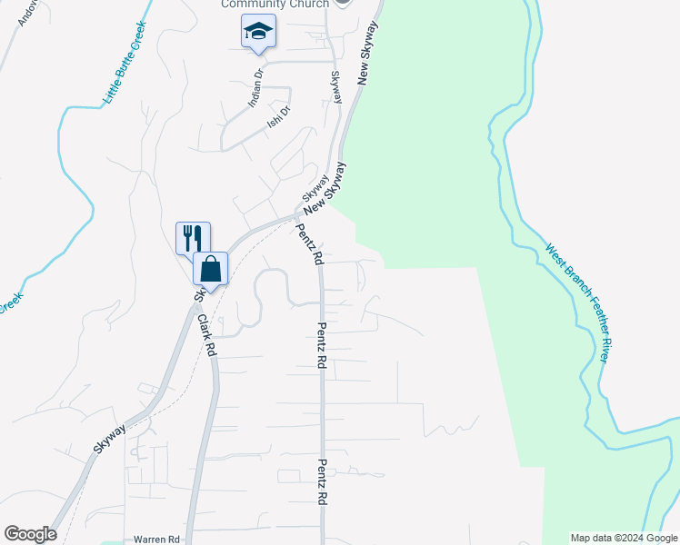 map of restaurants, bars, coffee shops, grocery stores, and more near 7278 Pentz Road in Paradise
